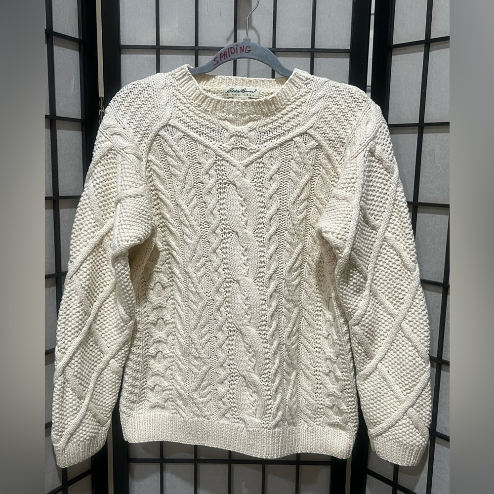 VINTAGE EDDIE BAUER Cable Knit Sweater THICK CREAM COLOR COTTON KNIT WOMEN SZ XS